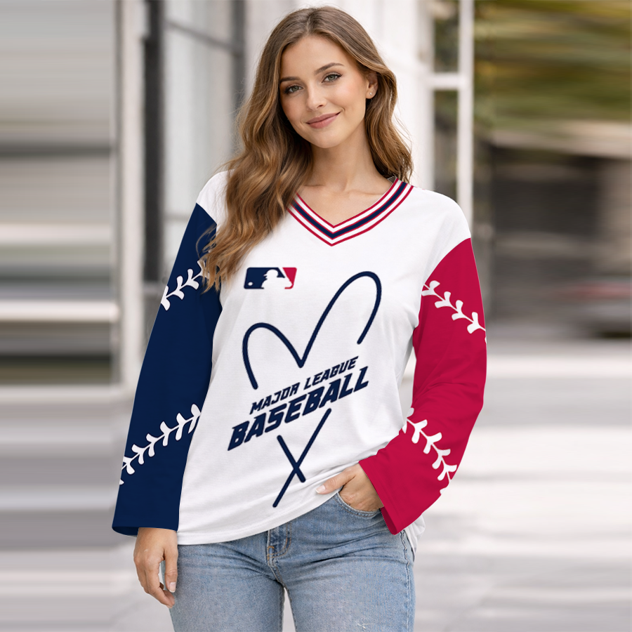 LIMITED EDITION - NEW CUSTOMIZED MLB31 MAJOR LEAGUE BASEBALL WOMEN'S HEART V-NECK LONG SLEEVE SHIRT