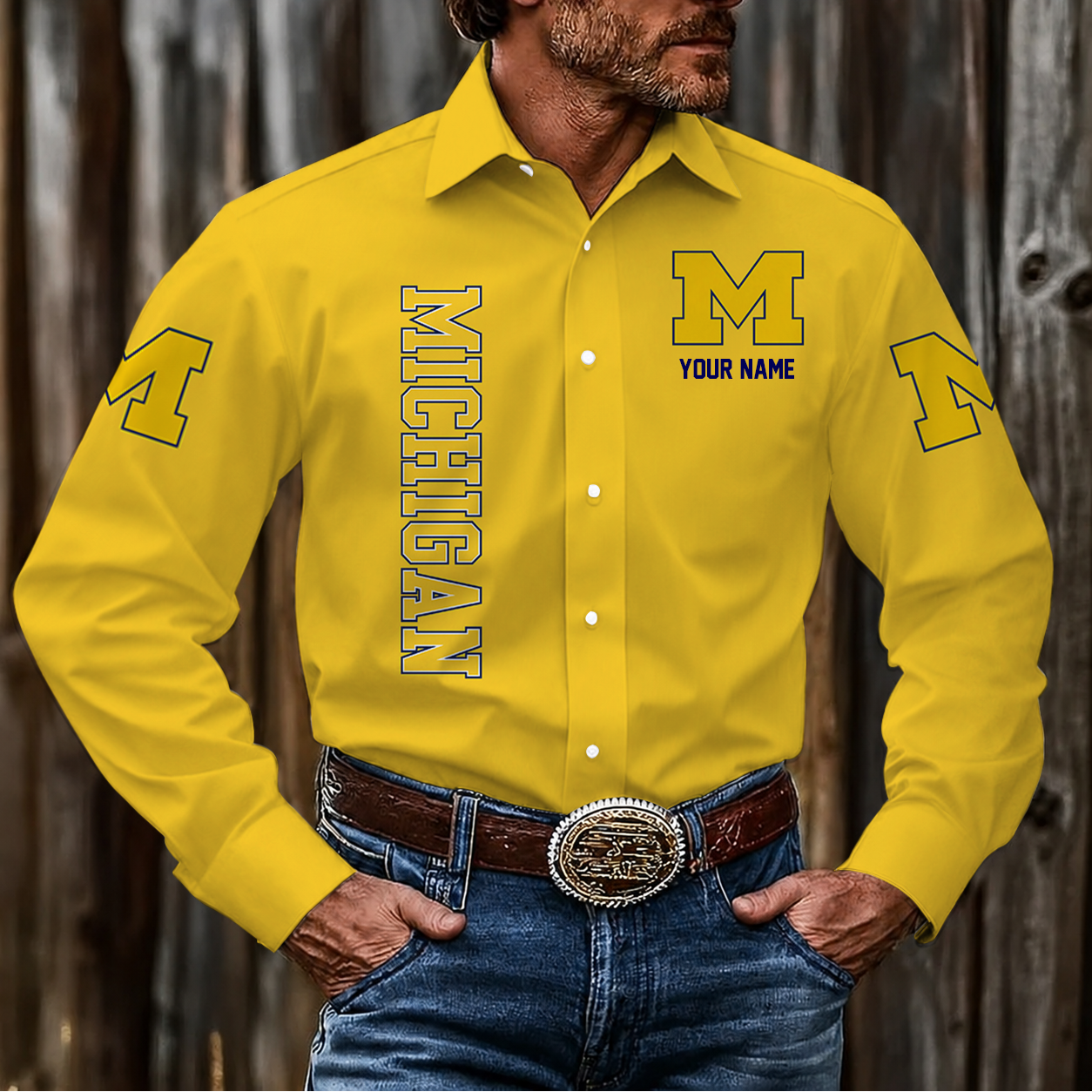 LIMITED EDITION - NEW CUSTOMIZED NCAA CWS01 MIW MICHIGAN WOLVERINES MEN'S LONG SLEEVE BUTTON-UP SHIRT