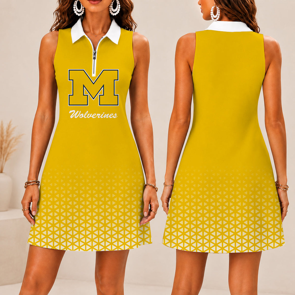 LIMITED EDITION - NEW CUSTOMIZED NCAA CWS01 MIW MICHIGAN WOLVERINES WOMEN'S ZIP SLEEVELESS POLO DRESS
