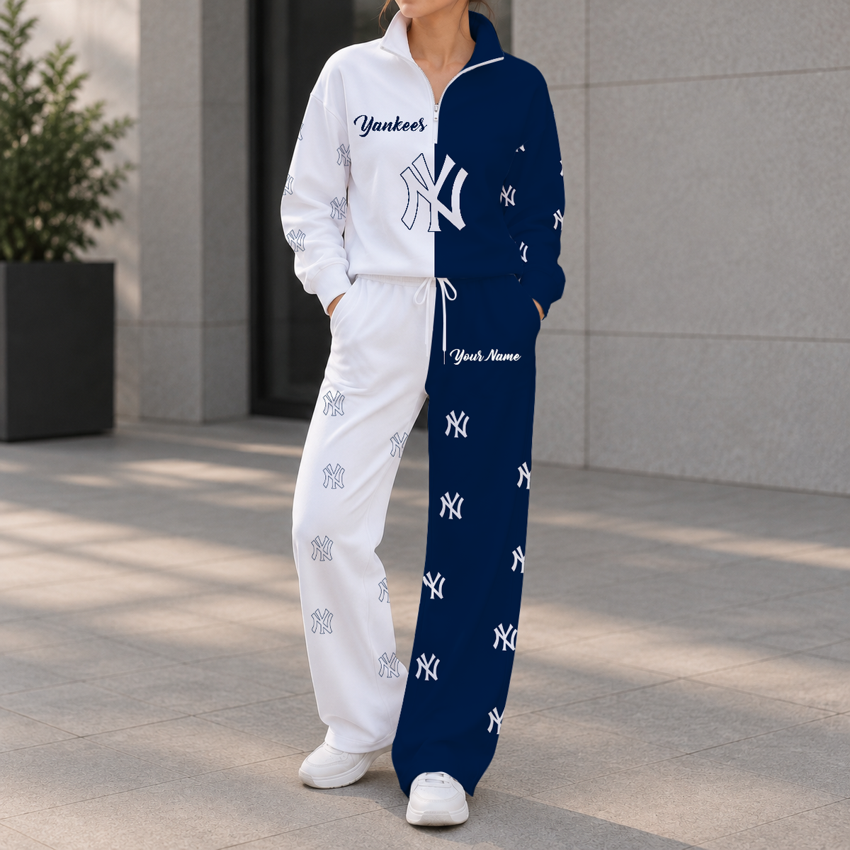 FINAL SALE - NEW CUSTOMIZED MLB01 NYY NEW YORK YANKEES ZIPPER SWEATSHIRT & WIDE LEG PANTS SET
