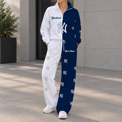 FINAL SALE - NEW CUSTOMIZED MLB01 NYY NEW YORK YANKEES ZIPPER SWEATSHIRT & WIDE LEG PANTS SET