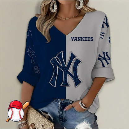 FINAL SALE - NEW CUSTOMIZED MLB01 NYY NEW YORK YANKEES WOMEN'S V-NECK LONG SLEEVE SHIRT