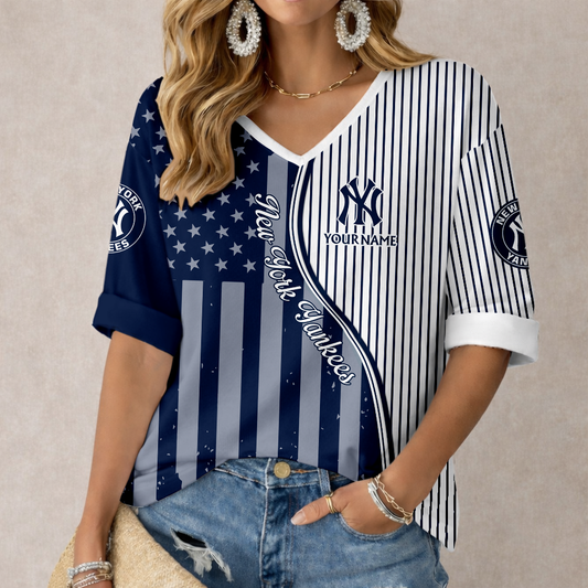 LIMITED EDITION - NEW CUSTOMIZED MLB01 NYY NEW YORK YANKEES WOMEN'S HEART V-NECK LONG SLEEVE SHIRT
