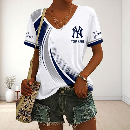 LIMITED EDITION - NEW CUSTOMIZED MLB01 NYY NEW YORK YANKEES V-NECK FEMALE SHIRT