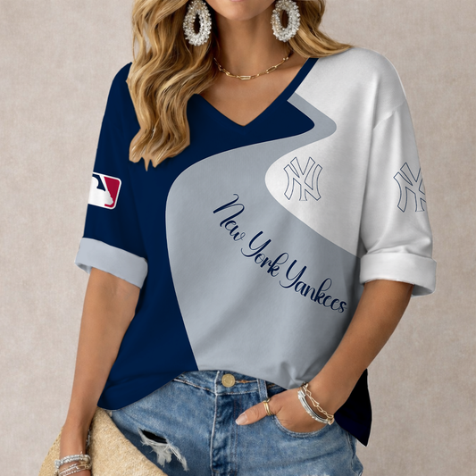 FINAL SALE - NEW CUSTOMIZED MLB01 NYY NEW YORK YANKEES WOMEN'S V-NECK LONG SLEEVE SHIRT