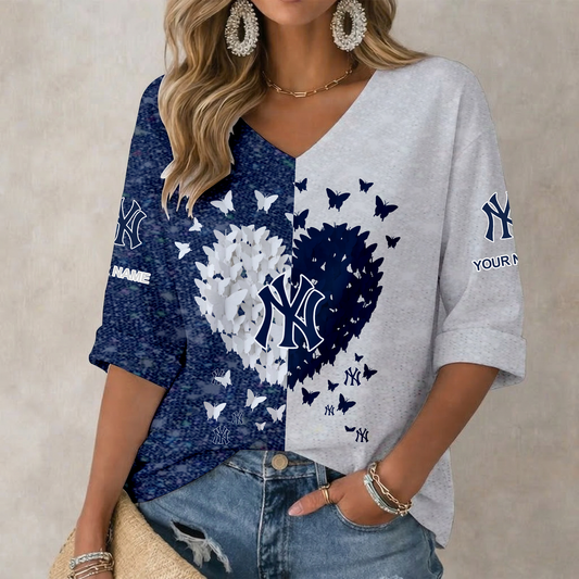 LIMITED EDITION - NEW CUSTOMIZED MLB01 NYY NEW YORK YANKEES WOMEN'S HEART V-NECK LONG SLEEVE SHIRT