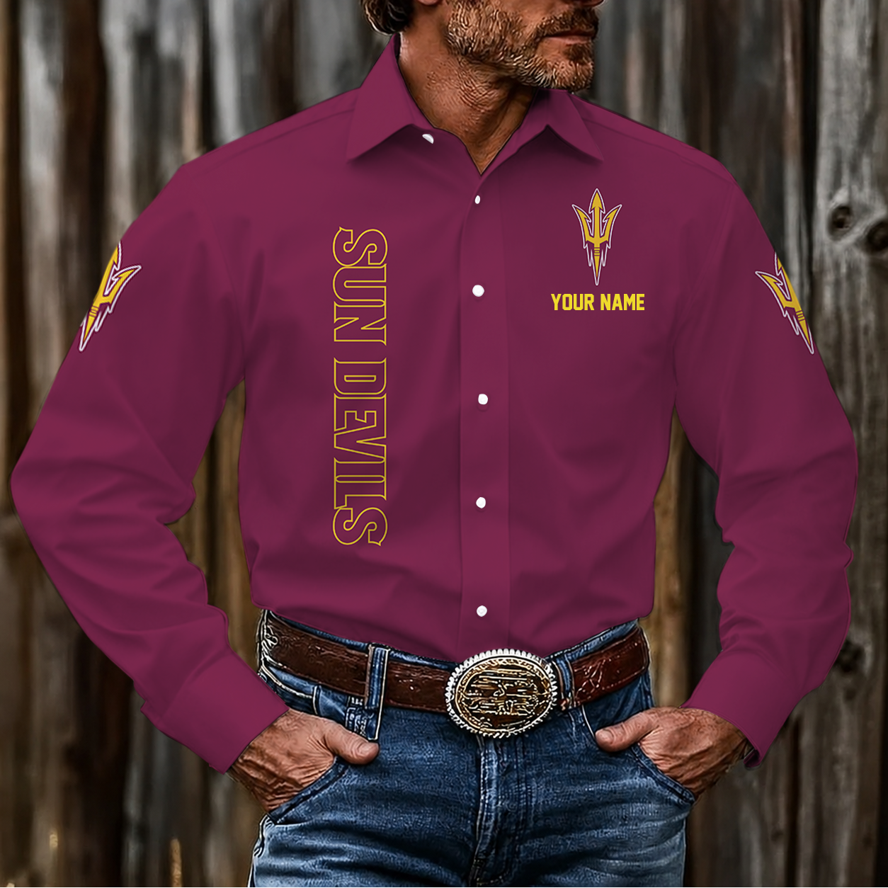 LIMITED EDITION - NEW CUSTOMIZED NCAA CWS02 ASS ARIZONA STATE SUN DEVILS MEN'S LONG SLEEVE BUTTON-UP SHIRT