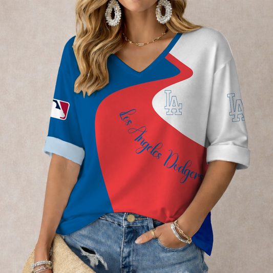 FINAL SALE - NEW CUSTOMIZED MLB02 LAD LOS ANGELES DODGERS WOMEN'S V-NECK LONG SLEEVE SHIRT