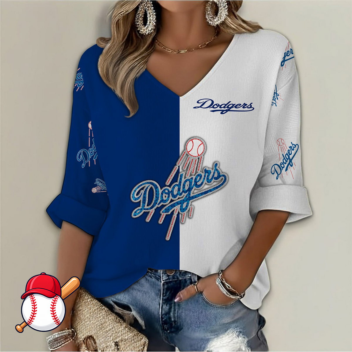 FINAL SALE - NEW CUSTOMIZED MLB02 LAD LOS ANGELES DODGERS WOMEN'S V-NECK LONG SLEEVE SHIRT