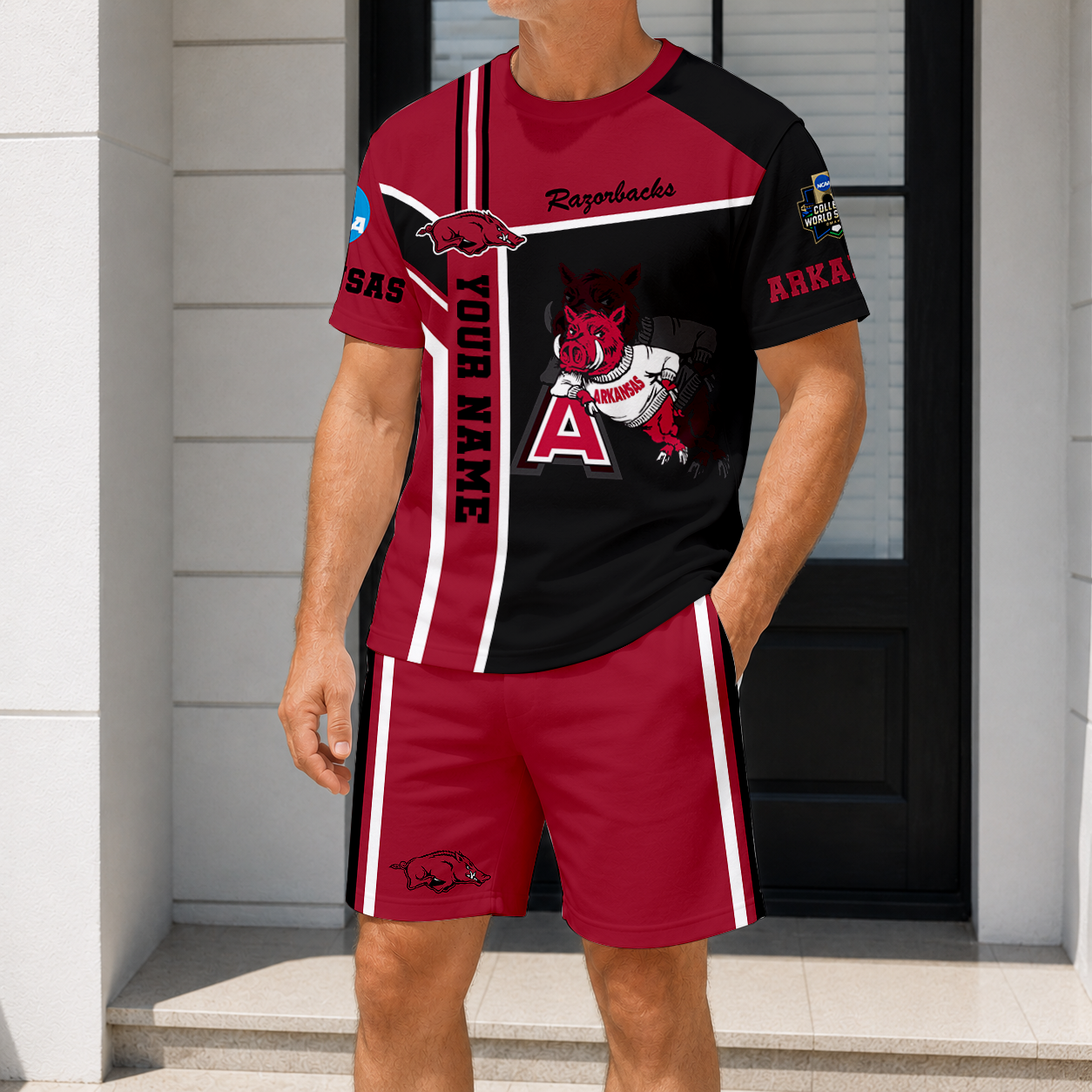 ELITE EDITION - NEW CUSTOMIZED NCAA CWS03 AKR ARKANSAS RAZORBACKS T-SHIRT & SHORT PANTS SET