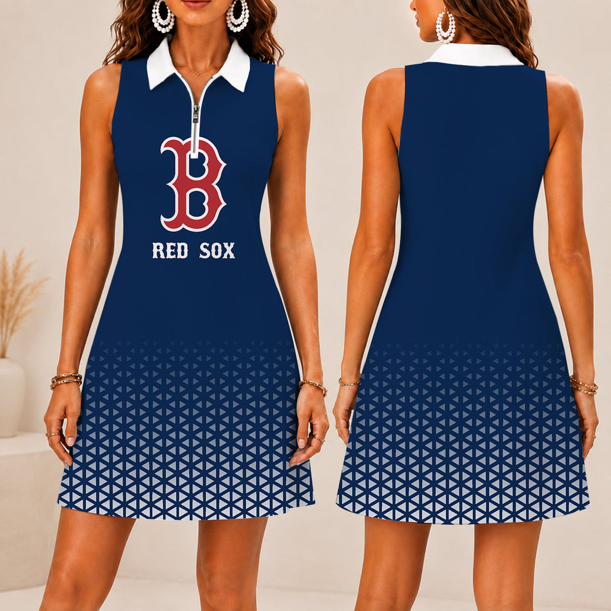 FINAL SALE - NEW CUSTOMIZED MLB03 BRS BOSTON RED SOX WOMEN'S ZIP SLEEVELESS POLO DRESS
