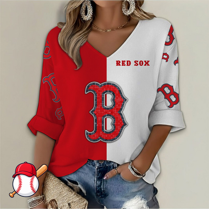 FINAL SALE - NEW CUSTOMIZED MLB03 BRS BOSTON RED SOX WOMEN'S V-NECK LONG SLEEVE SHIRT