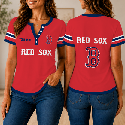 VIRAL EDITION - NEW CUSTOMIZED MLB03 BRS BOSTON RED SOX WOMEN'S SHORT SLEEVE HENLEY T-SHIRT