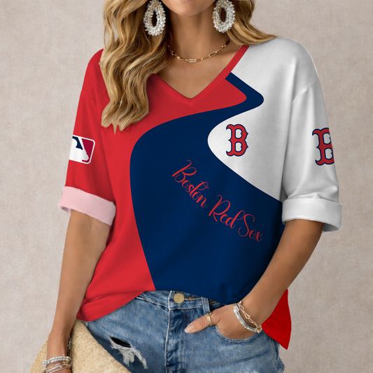 FINAL SALE - NEW CUSTOMIZED MLB03 BRS BOSTON RED SOX WOMEN'S V-NECK LONG SLEEVE SHIRT