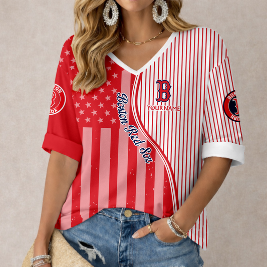 LIMITED EDITION - NEW CUSTOMIZED MLB03 BRS BOSTON RED SOX WOMEN'S HEART V-NECK LONG SLEEVE SHIRT