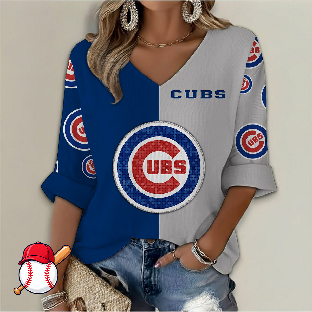 FINAL SALE - NEW CUSTOMIZED MLB04 CCS CHICAGO CUBS WOMEN'S V-NECK LONG SLEEVE SHIRT