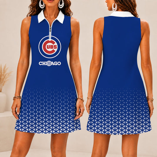 FINAL SALE - NEW CUSTOMIZED MLB04 CCS CHICAGO CUBS WOMEN'S ZIP SLEEVELESS POLO DRESS
