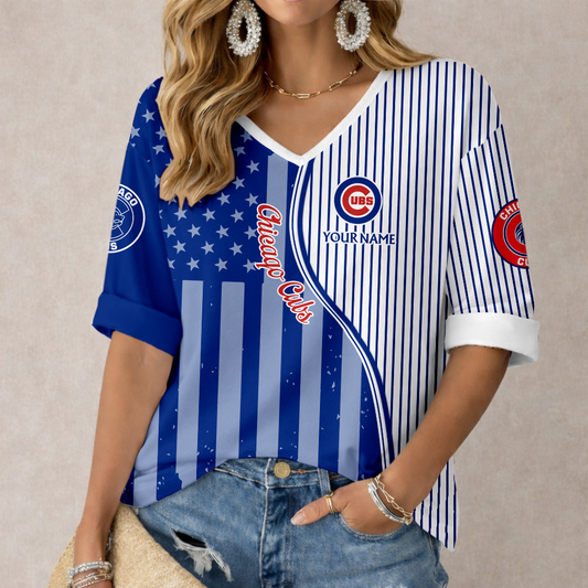 LIMITED EDITION - NEW CUSTOMIZED MLB04 CCS CHICAGO CUBS WOMEN'S HEART V-NECK LONG SLEEVE SHIRT