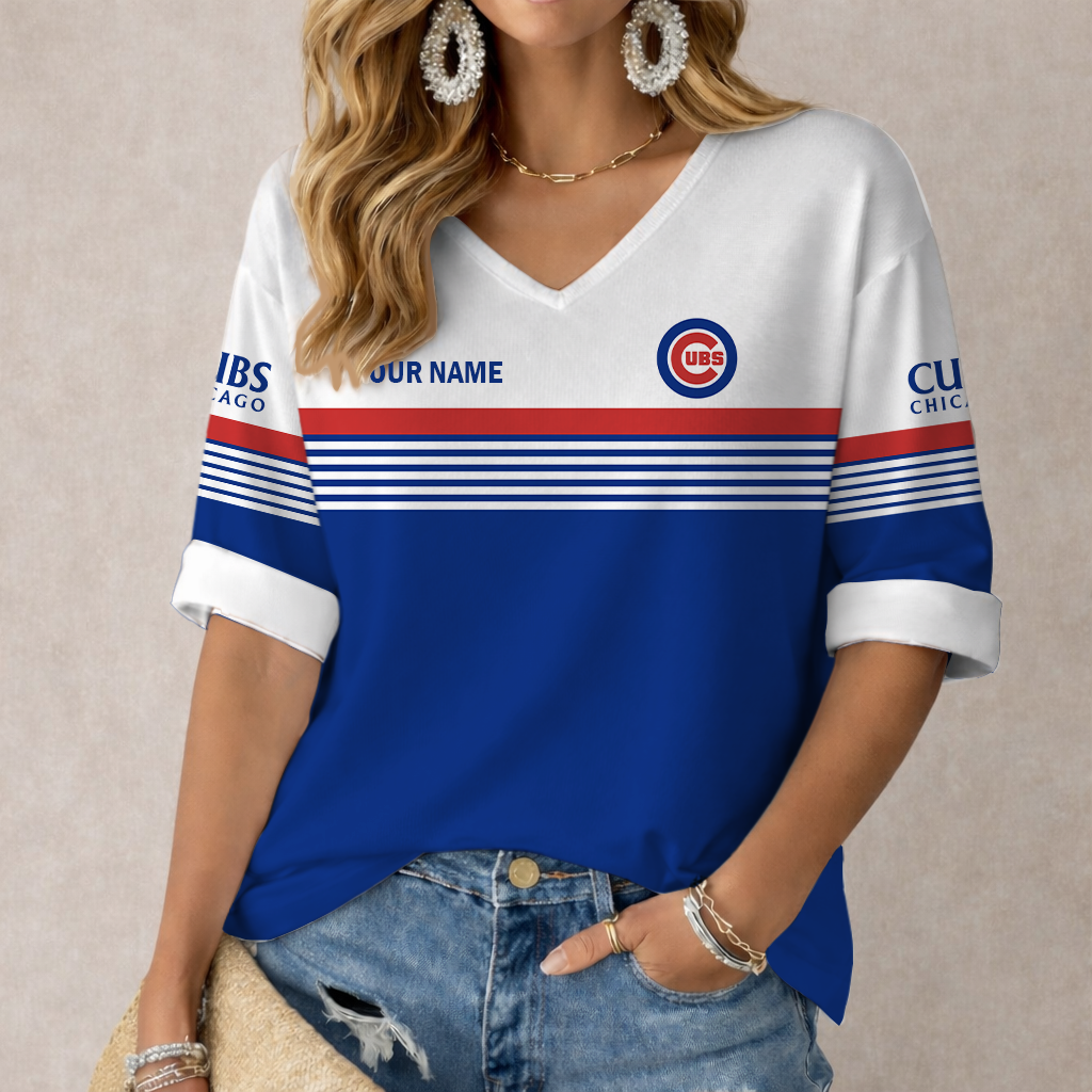 LIMITED EDITION - NEW CUSTOMIZED MLB04 CCS CHICAGO CUBS WOMEN'S HEART V-NECK LONG SLEEVE SHIRT