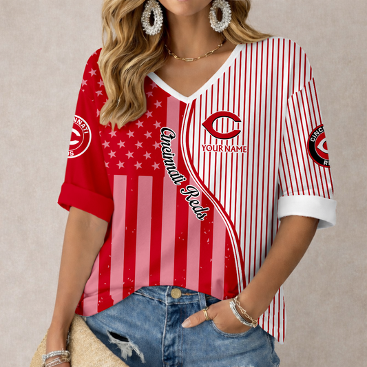 LIMITED EDITION - NEW CUSTOMIZED MLB05 CRS CINCINNATI REDS WOMEN'S HEART V-NECK LONG SLEEVE SHIRT