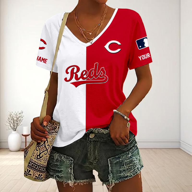 VIRAL EDITION - NEW CUSTOMIZED MLB05 CRS CINCINNATI REDS V-NECK FEMALE SHIRT