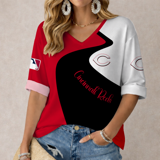 FINAL SALE - NEW CUSTOMIZED MLB05 CRS CINCINNATI REDS WOMEN'S V-NECK LONG SLEEVE SHIRT