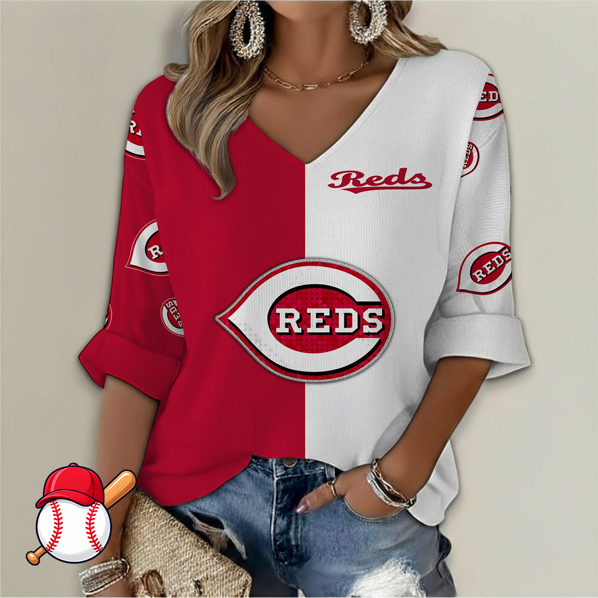 FINAL SALE - NEW CUSTOMIZED MLB05 CRS CINCINNATI REDS WOMEN'S V-NECK LONG SLEEVE SHIRT
