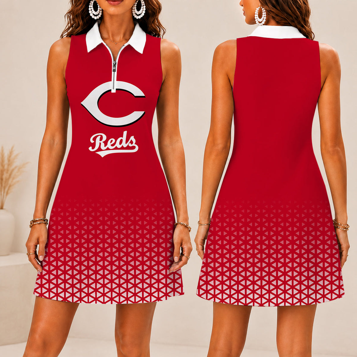 FINAL SALE - NEW CUSTOMIZED MLB05 CRS CINCINNATI REDS WOMEN'S ZIP SLEEVELESS POLO DRESS