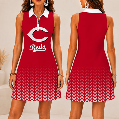 FINAL SALE - NEW CUSTOMIZED MLB05 CRS CINCINNATI REDS WOMEN'S ZIP SLEEVELESS POLO DRESS