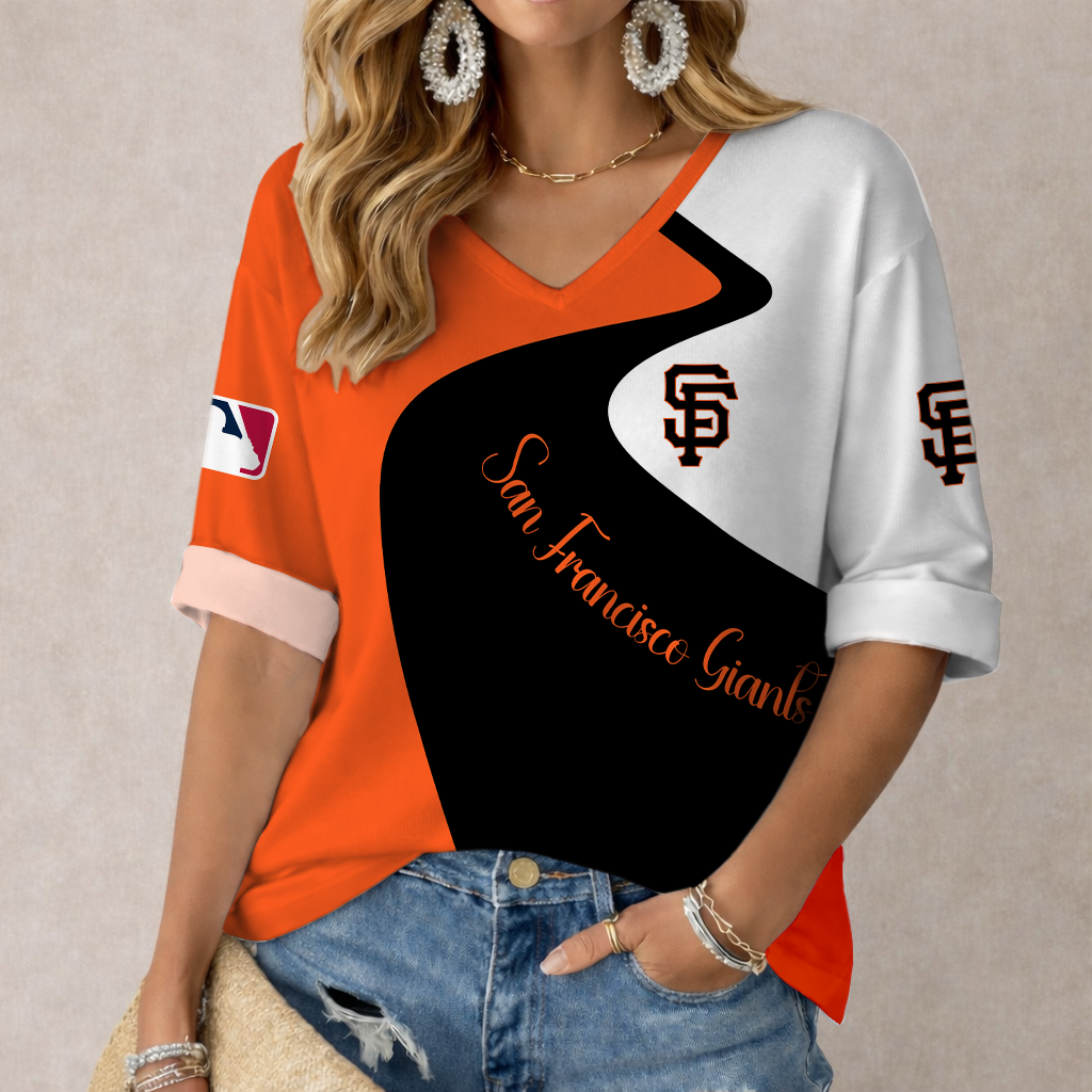FINAL SALE - NEW CUSTOMIZED MLB06 SFG SAN FRANCISCO GIANTS WOMEN'S  V-NECK LONG SLEEVE SHIRT