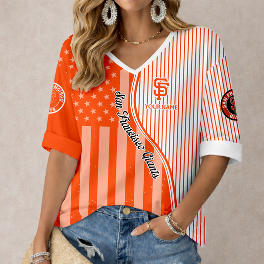 LIMITED EDITION - NEW CUSTOMIZED MLB06 SFG SAN FRANCISCO GIANTS WOMEN'S HEART V-NECK LONG SLEEVE SHIRT