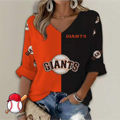 FINAL SALE - NEW CUSTOMIZED MLB06 SFG SAN FRANCISCO GIANTS WOMEN'S  V-NECK LONG SLEEVE SHIRT