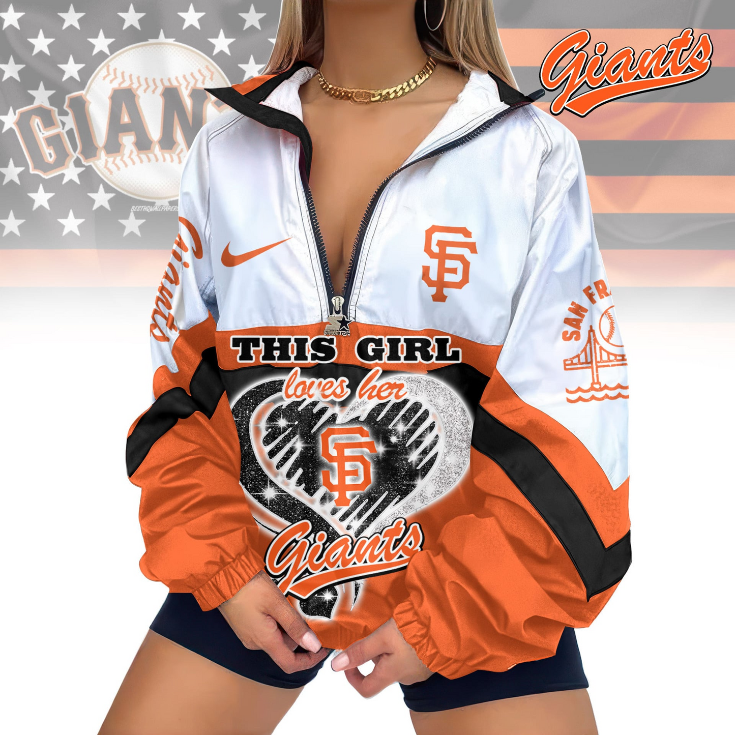 LIMITED EDITION - NEW CUSTOMIZED MLB06 SFG SAN FRANCISCO GIANTS V-NECK ZIPPER JACKET