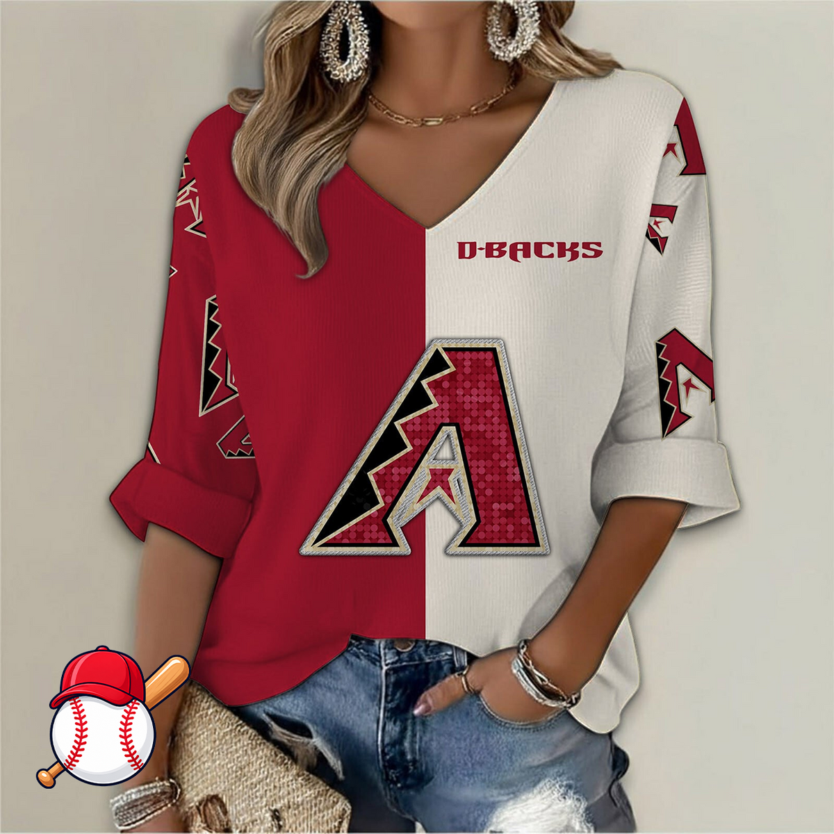 FINAL SALE - NEW CUSTOMIZED MLB07 ADS ARIZONA DIAMONDBACKS WOMEN'S  V-NECK LONG SLEEVE SHIRT