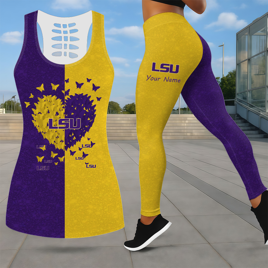 SPECIAL EDITION - NEW CUSTOMIZED NCAA CWS07 LST LSU TIGERS LEGGINGS & HOLLOW TANK TOP SET