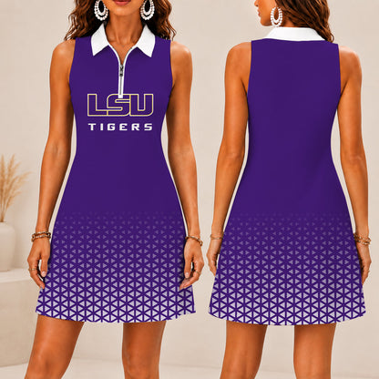 LIMITED EDITION - NEW CUSTOMIZED NCAA CWS07 LST LSU TIGERS WOMEN'S ZIP SLEEVELESS POLO DRESS