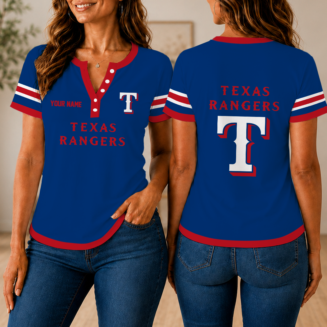 VIRAL EDITION - NEW CUSTOMIZED MLB08 TRS TEXAS RANGERS WOMEN'S SHORT SLEEVE HENLEY T-SHIRT