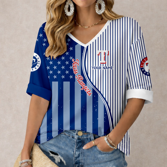 LIMITED EDITION - NEW CUSTOMIZED MLB08 TRS TEXAS RANGERS WOMEN'S HEART V-NECK LONG SLEEVE SHIRT