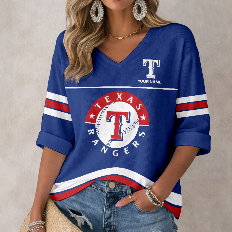 LIMITED EDITION - NEW CUSTOMIZED MLB08 TRS TEXAS RANGERS WOMEN'S HEART V-NECK LONG SLEEVE SHIRT