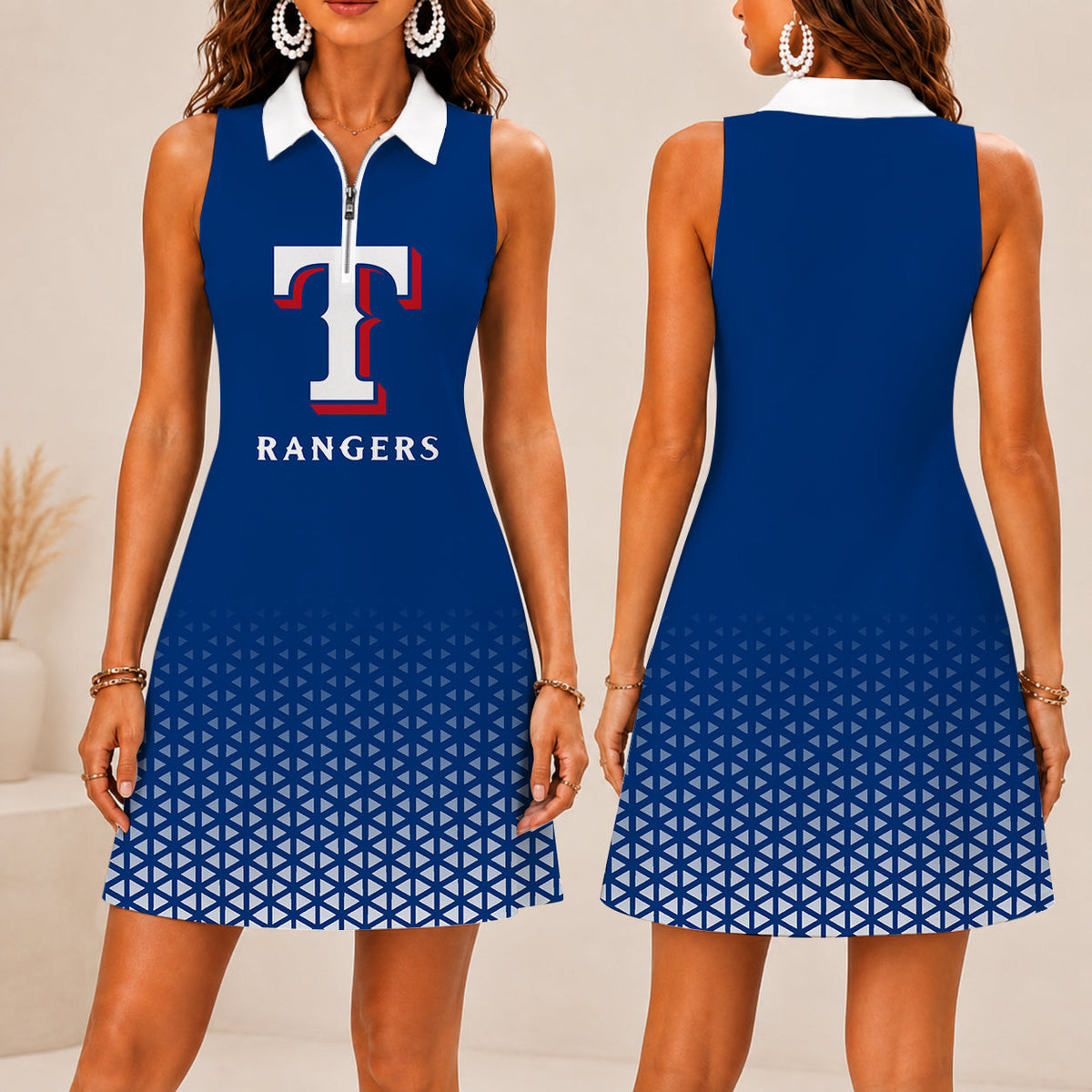 FINAL SALE - NEW CUSTOMIZED MLB08 TRS TEXAS RANGERS WOMEN'S ZIP SLEEVELESS POLO DRESS