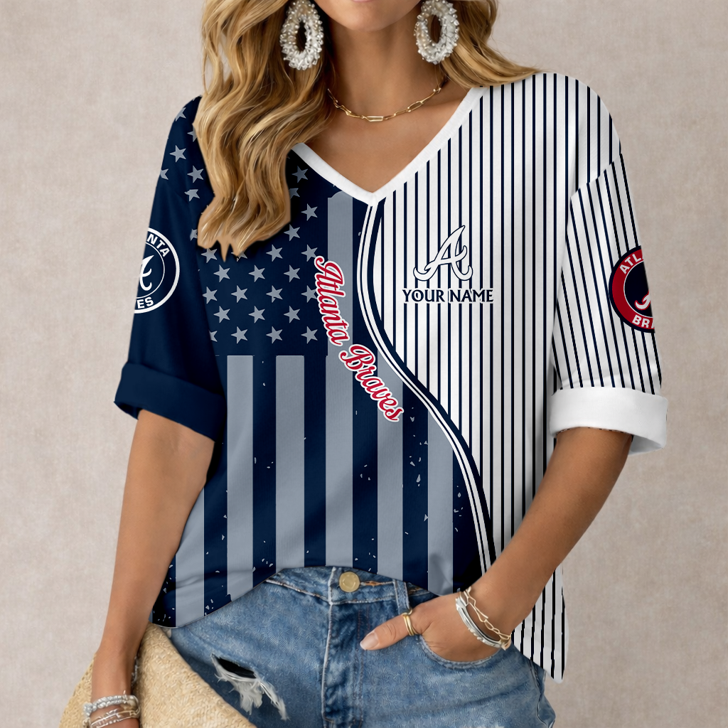 ELITE EDITION - NEW CUSTOMIZED MLB09 ABS ATLANTA BRAVES WOMEN'S HEART V-NECK LONG SLEEVE SHIRT