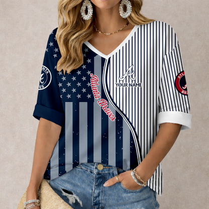 ELITE EDITION - NEW CUSTOMIZED MLB09 ABS ATLANTA BRAVES WOMEN'S HEART V-NECK LONG SLEEVE SHIRT