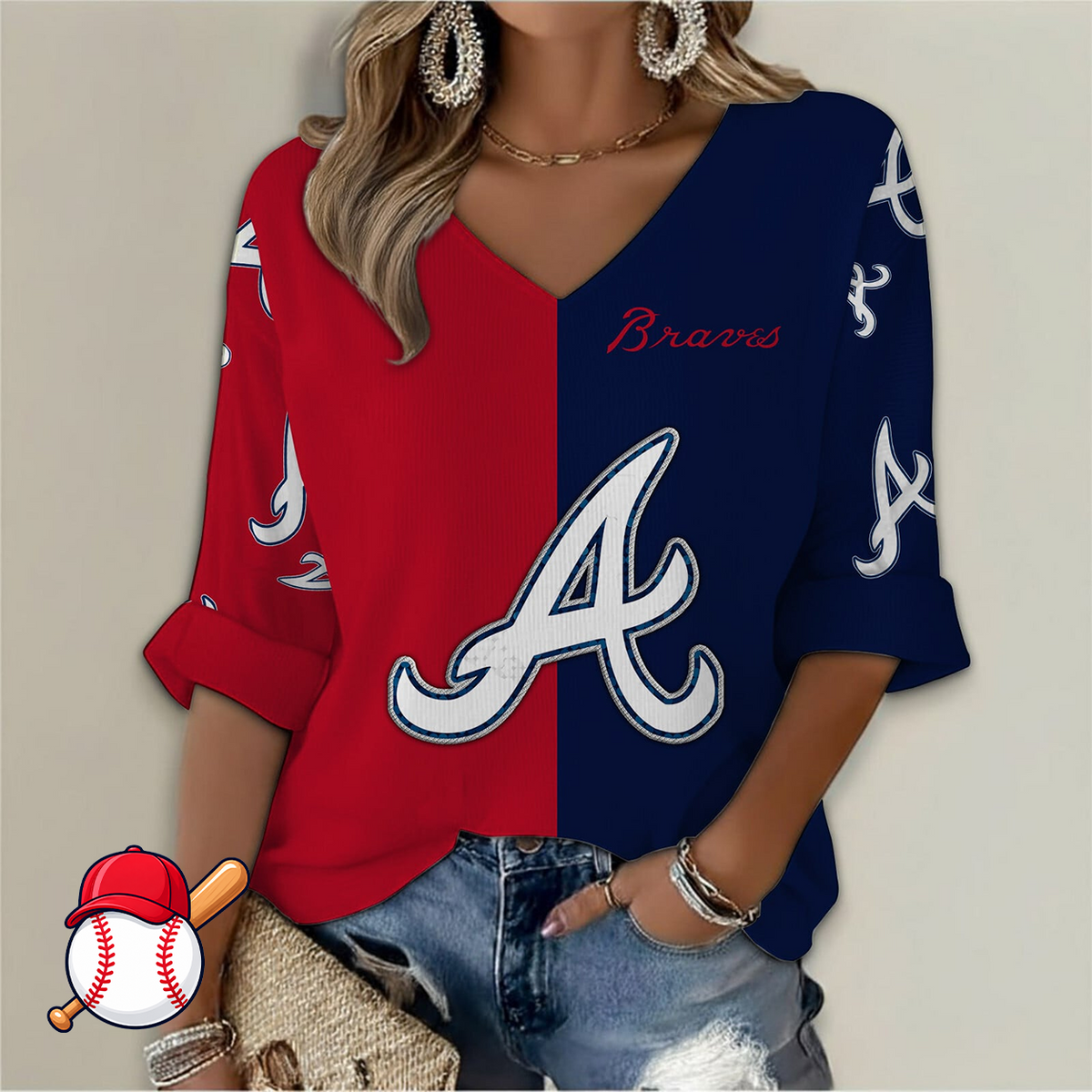 FINAL SALE - NEW CUSTOMIZED MLB09 ABS ATLANTA BRAVES WOMEN'S  V-NECK LONG SLEEVE SHIRT