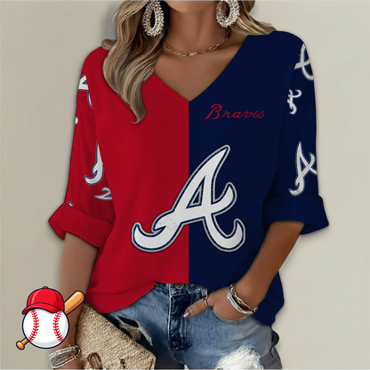 FINAL SALE - NEW CUSTOMIZED MLB09 ABS ATLANTA BRAVES WOMEN'S  V-NECK LONG SLEEVE SHIRT