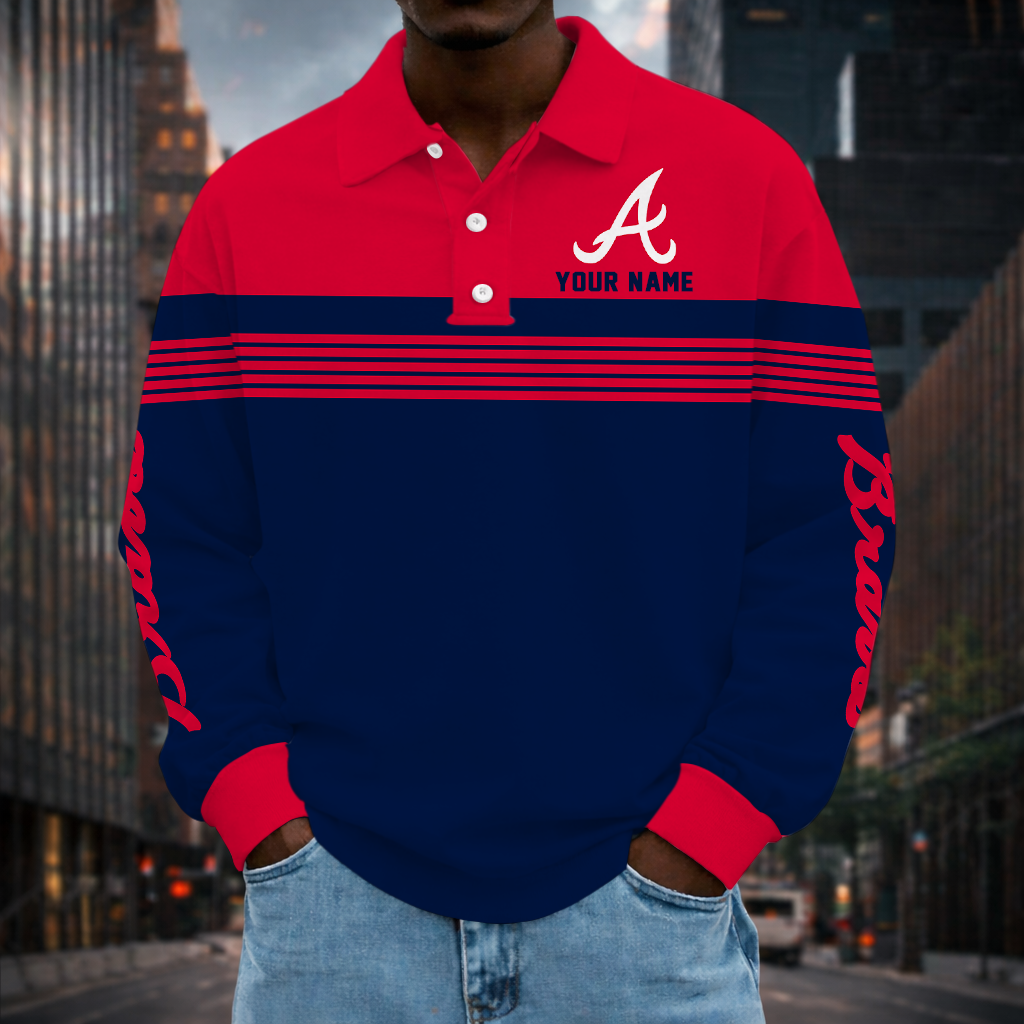 VIRAL EDITION - NEW CUSTOMIZED MLB09 ABS ATLANTA BRAVES MEN'S LONG SLEEVE POLO