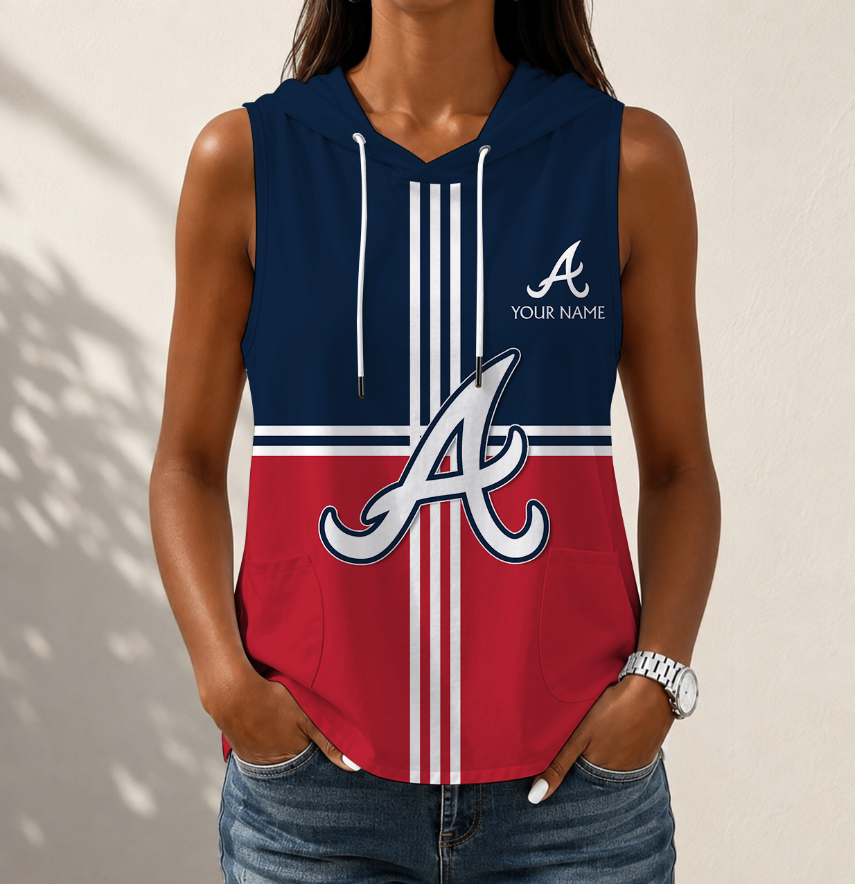 LIMITED EDITION - NEW CUSTOMIZED MLB09 ABS ATLANTA BRAVES WOMEN'S SLEEVELESS HOODED POCKET TANK TOP