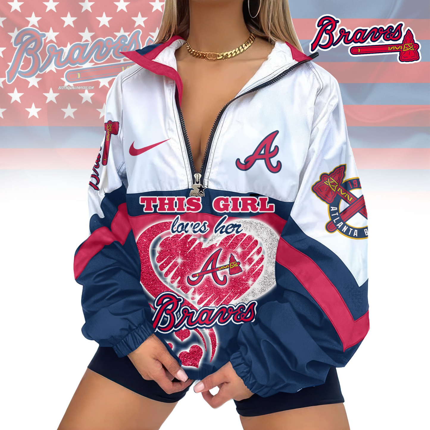 LIMITED EDITION - NEW CUSTOMIZED MLB09 ABS ATLANTA BRAVES V-NECK ZIPPER JACKET