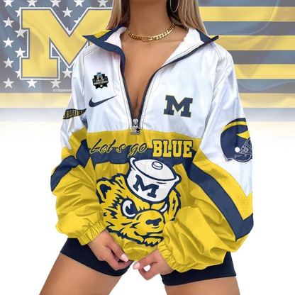 LIMITED EDITION - NEW CUSTOMIZED NCAA COLLEGE WORLD SERIES 01 MICHIGAN WOLVERINES V-NECK ZIPPER SWEATSHIRT JACKET