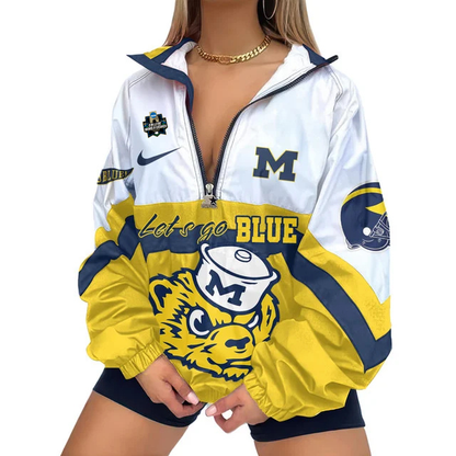 LIMITED EDITION - NEW CUSTOMIZED NCAA COLLEGE WORLD SERIES 01 MICHIGAN WOLVERINES V-NECK ZIPPER SWEATSHIRT JACKET