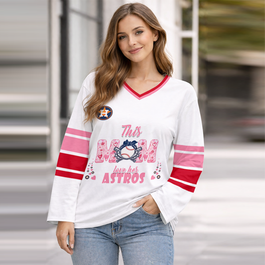 FINAL SALE - NEW CUSTOMIZED MLB10 HAS HOUSTON ASTROS WOMEN'S HEART V-NECK LONG SLEEVE SHIRT